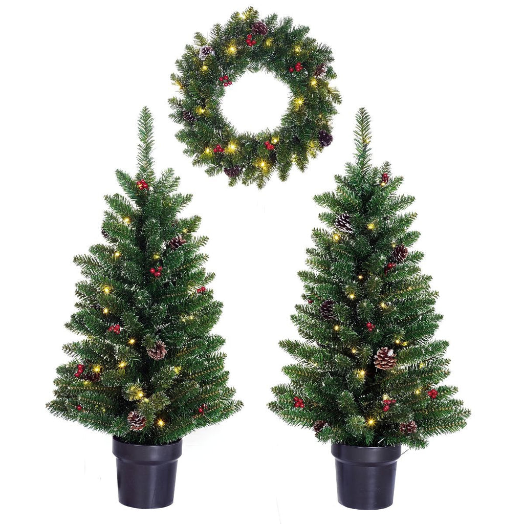 Pack 2 Sapins de Noël 90 cm + Couronne Ø45 cm artificiel Creston Vert