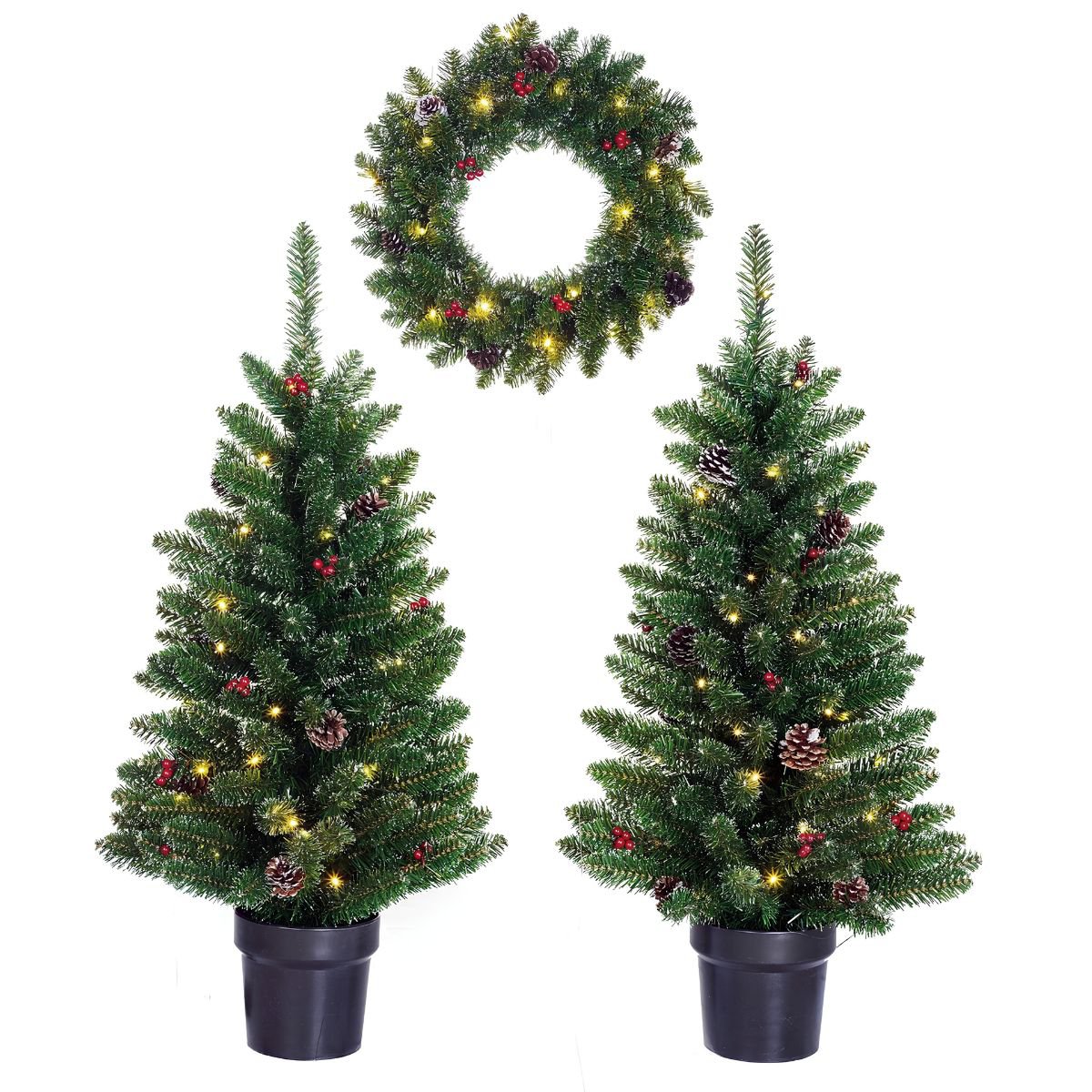 Pack 2 Sapins de Noël 90 cm + Couronne Ø45 cm artificiel Creston Vert