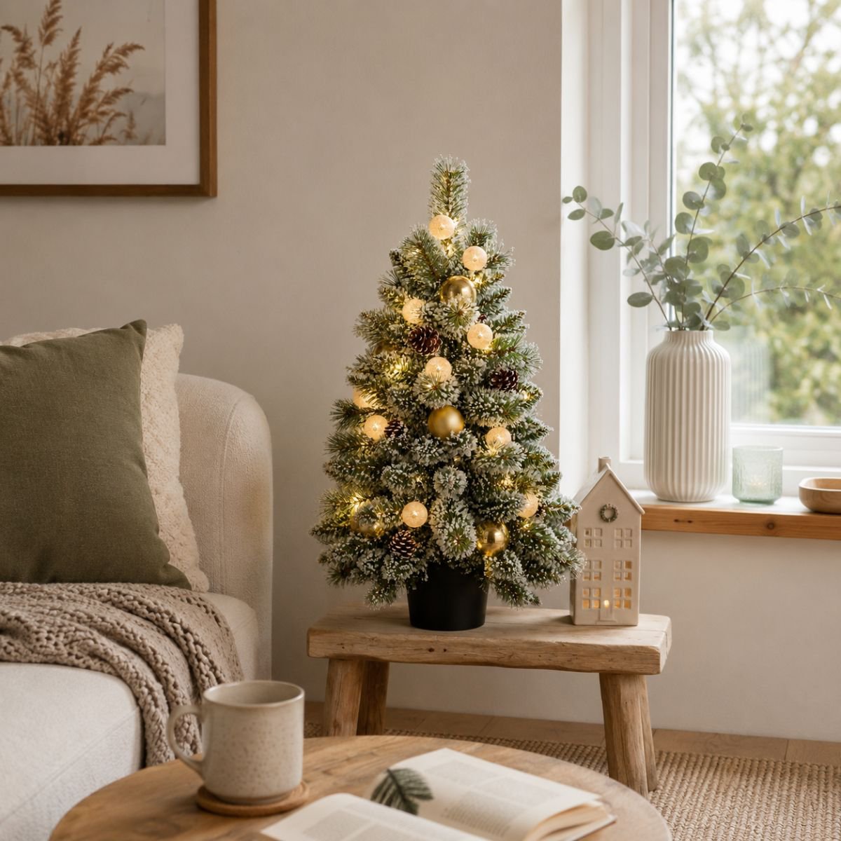 Pack Noël 1 Kaprun Blanc Chaud 90cm Sapin + Guirlande + Couronne Étoile