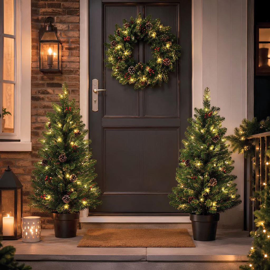 Pack 2 Sapins de Noël 90 cm + Couronne Ø45 cm artificiel Creston Vert