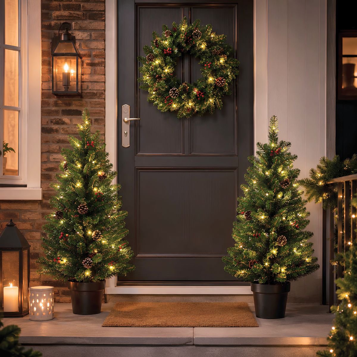 Pack 2 Sapins de Noël 90 cm + Couronne Ø45 cm artificiel Creston Vert
