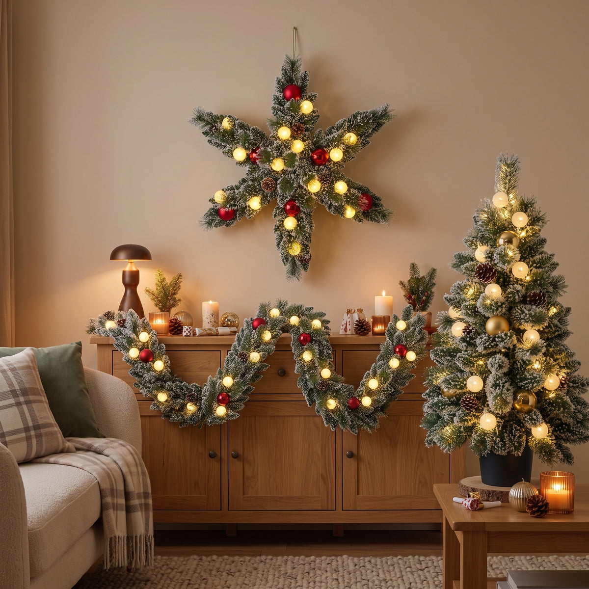 Pack Noël 1 Kaprun Blanc Chaud 90cm Sapin + Guirlande + Couronne Étoile