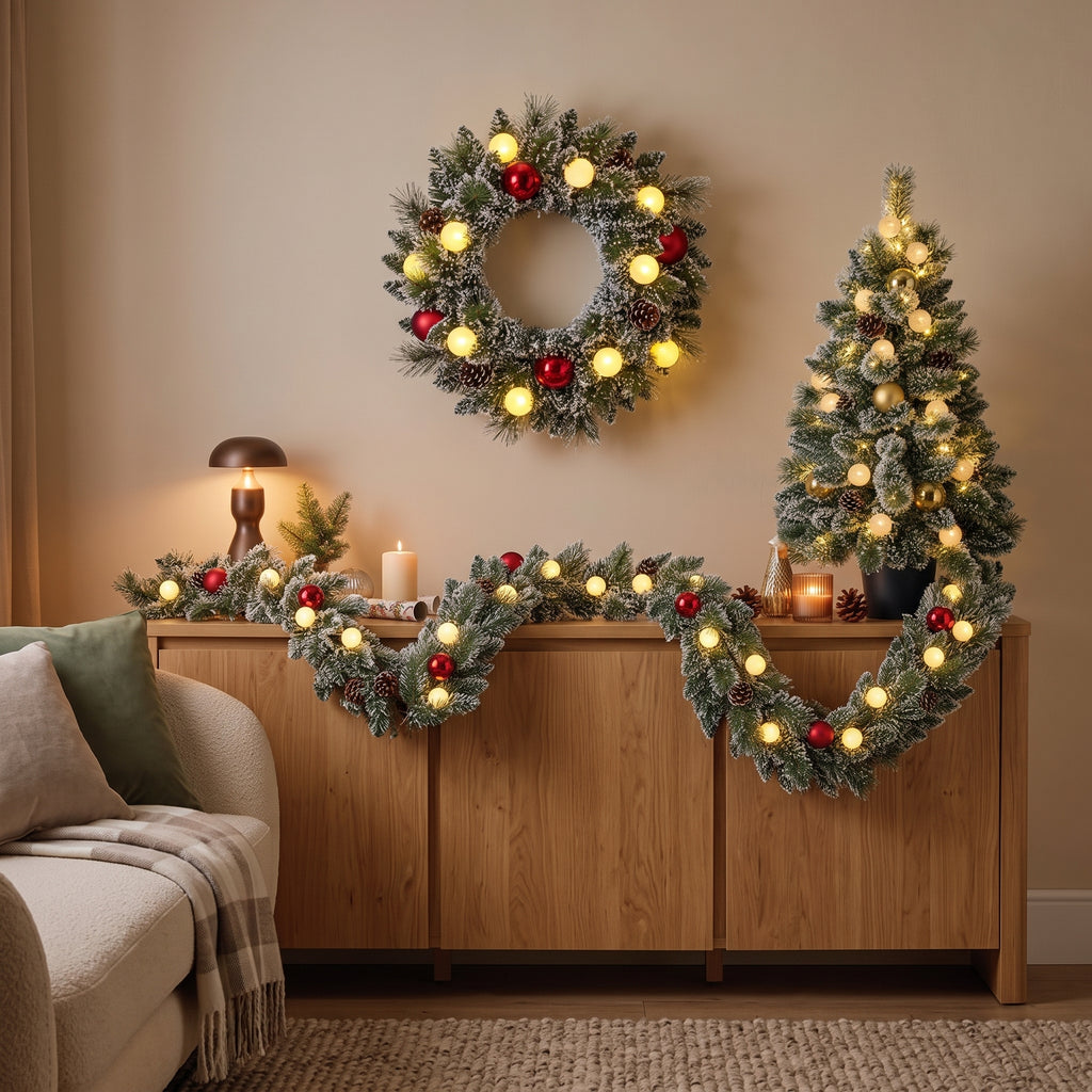 Pack Noël 2 Kaprun Blanc Chaud 90cm Sapin + Guirlande + Couronne Ronde