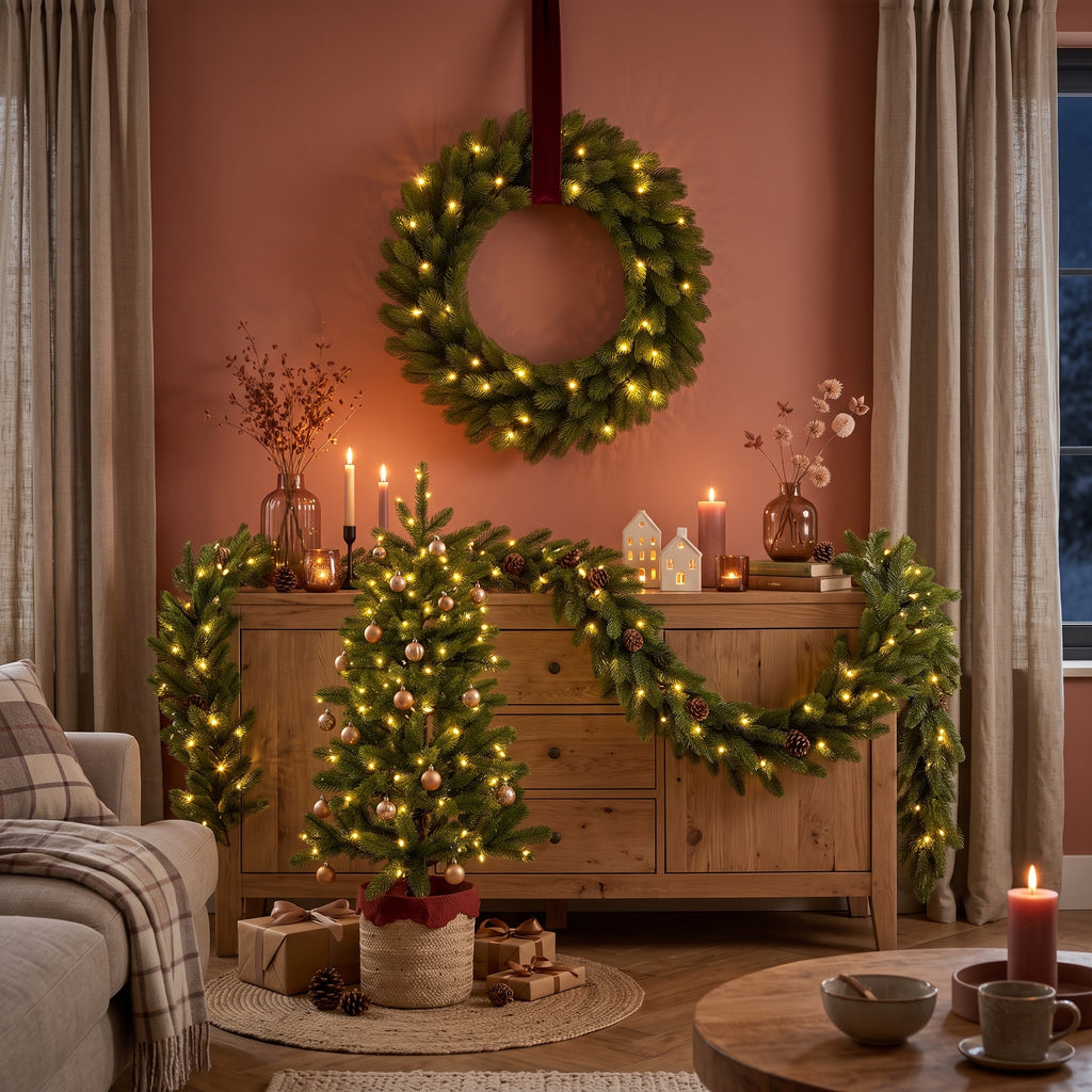 Pack Noël Nagoya Blanc Chaud 120 cm Sapin + Guirlande + Couronne
