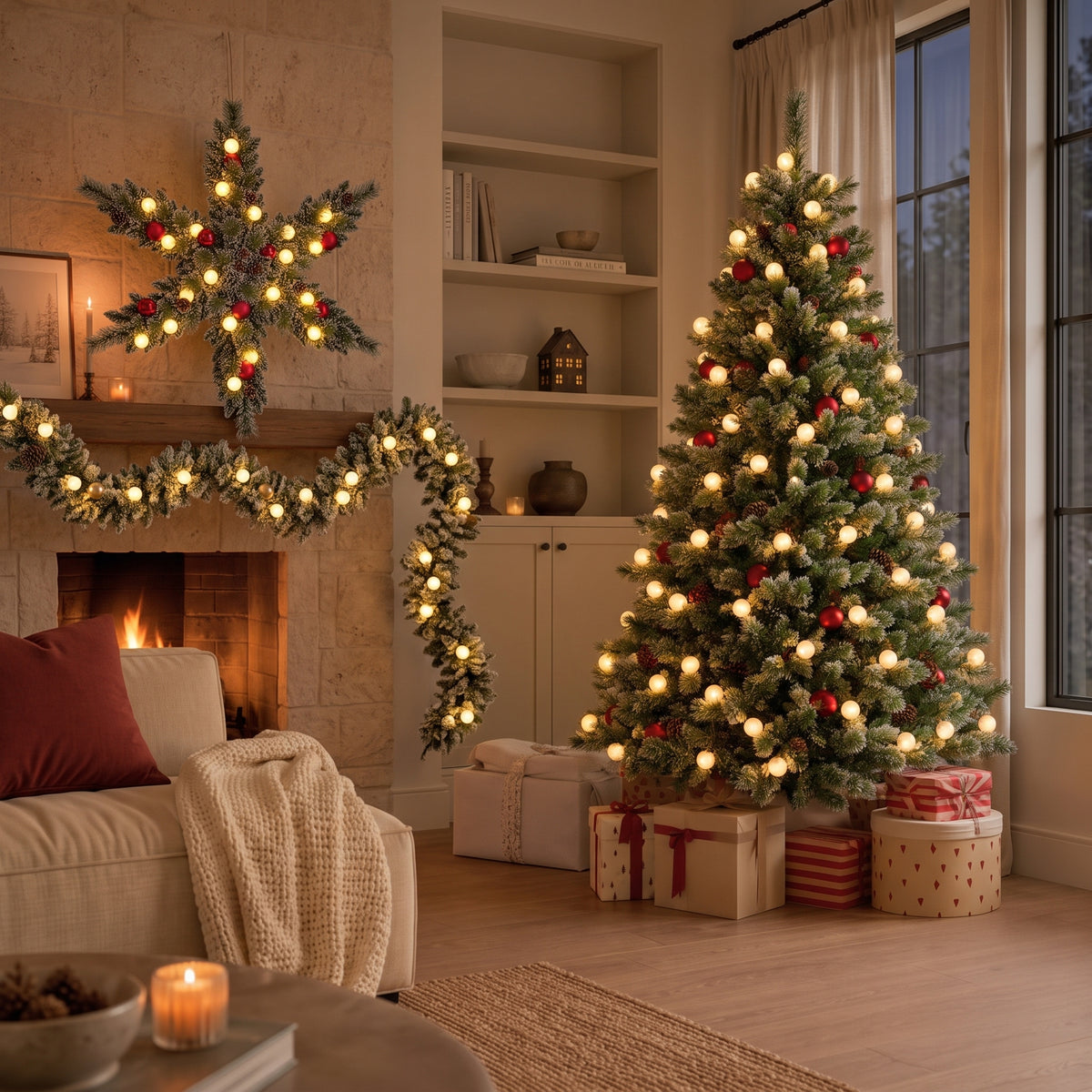 Pack Noël 1 Kaprun Blanc Chaud 180cm Sapin + Guirlande + Couronne Étoile