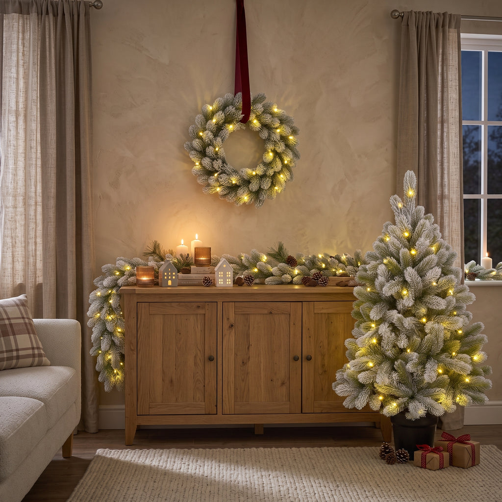 Pack Noël Nagoya Vert Neige 90 cm Sapin + Guirlande + Couronne