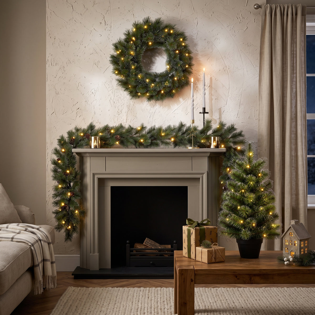 Pack Noël Glendon Vert 90 cm Sapin + Guirlande + Couronne