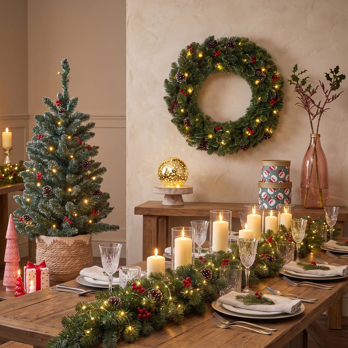Pack Noël Creston Vert 90 cm Sapin + Guirlande + Couronne