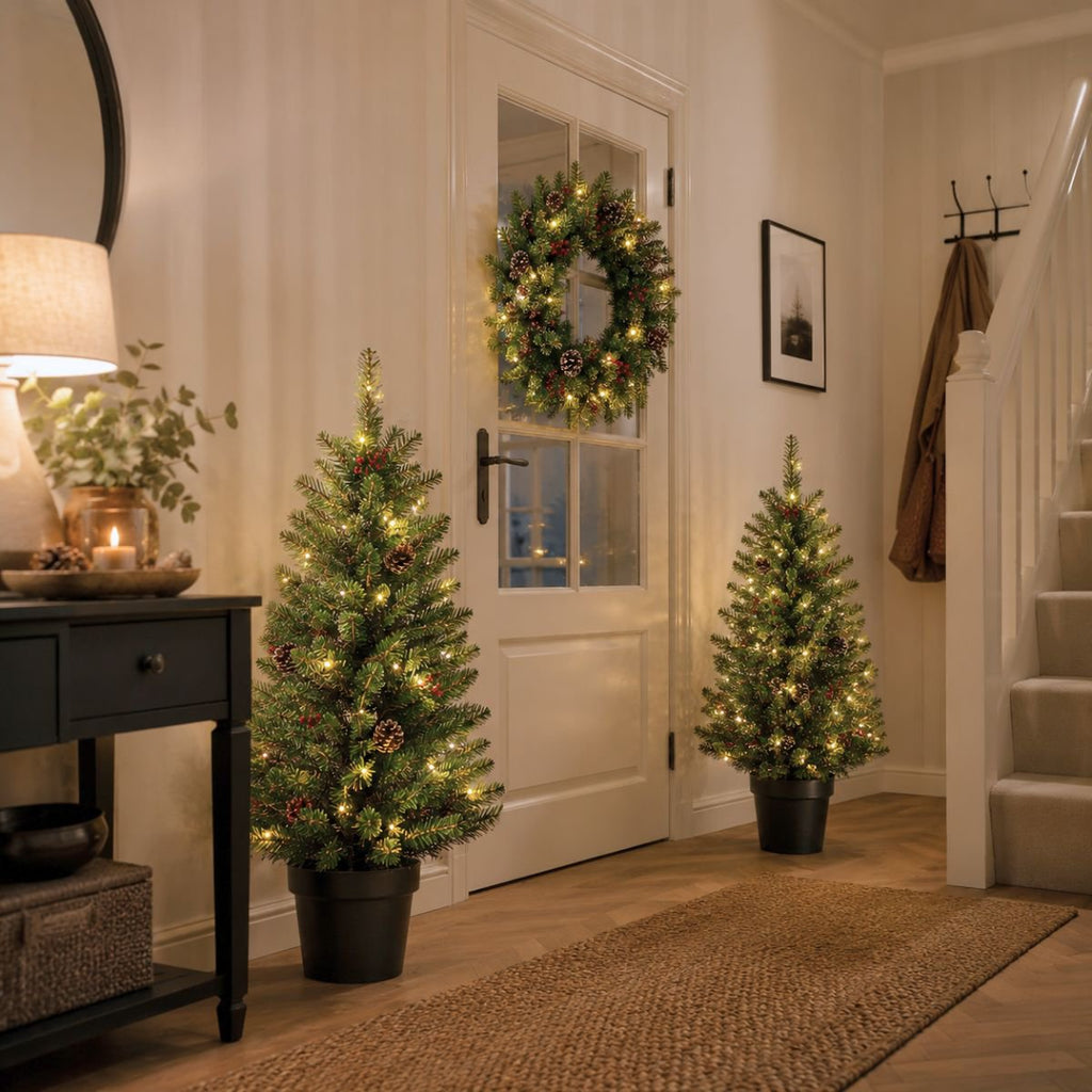Pack 2 Sapins de Noël 90 cm + Couronne Ø45 cm artificiel Creston Vert
