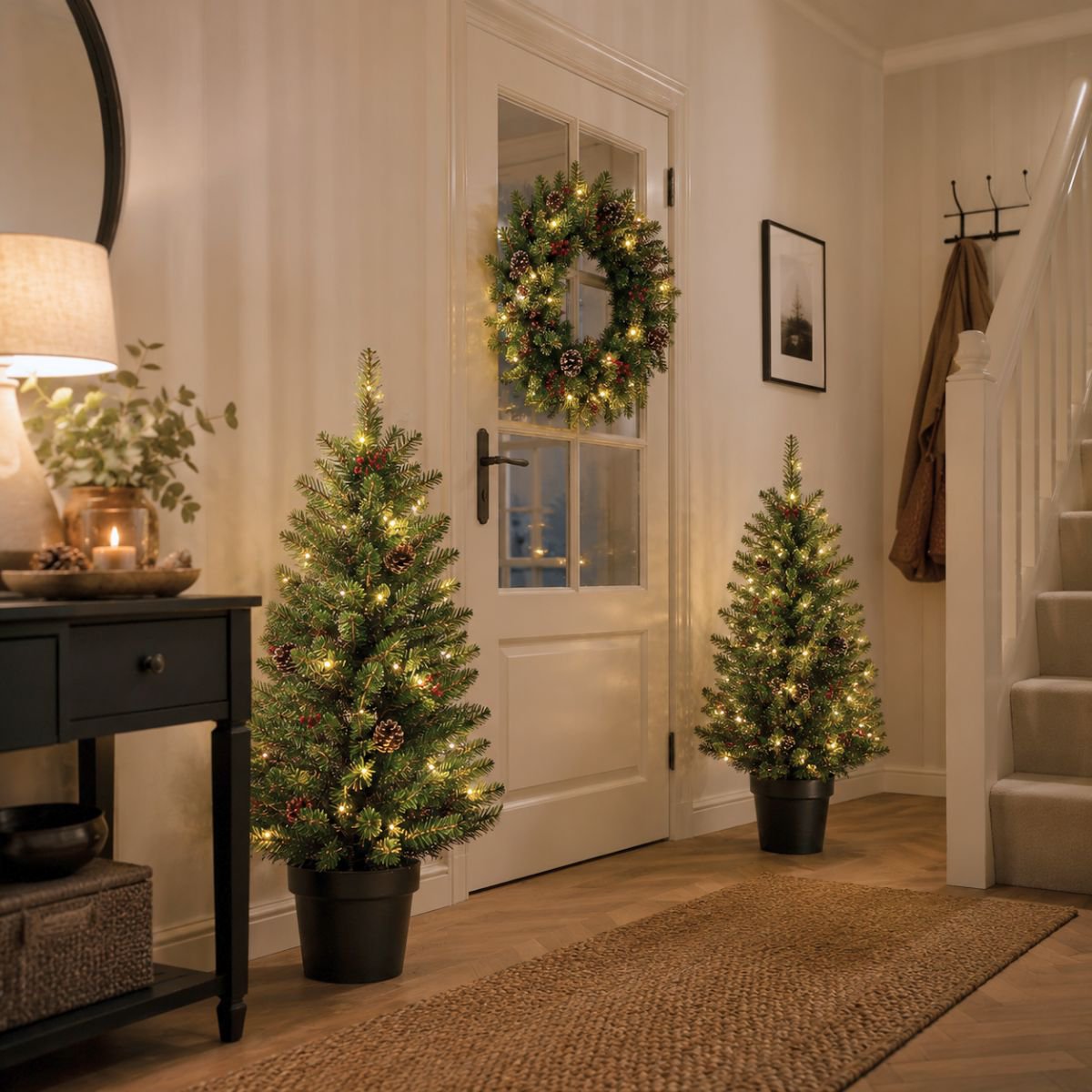Pack 2 Sapins de Noël 90 cm + Couronne Ø45 cm artificiel Creston Vert