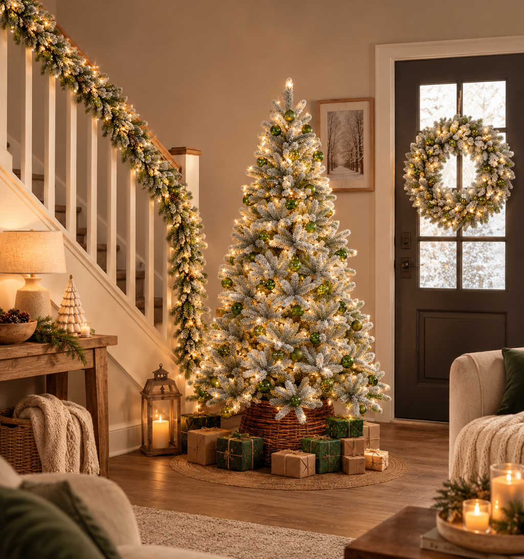 Pack Noël Nagoya Vert Neige 210 cm Sapin + Guirlande + Couronne